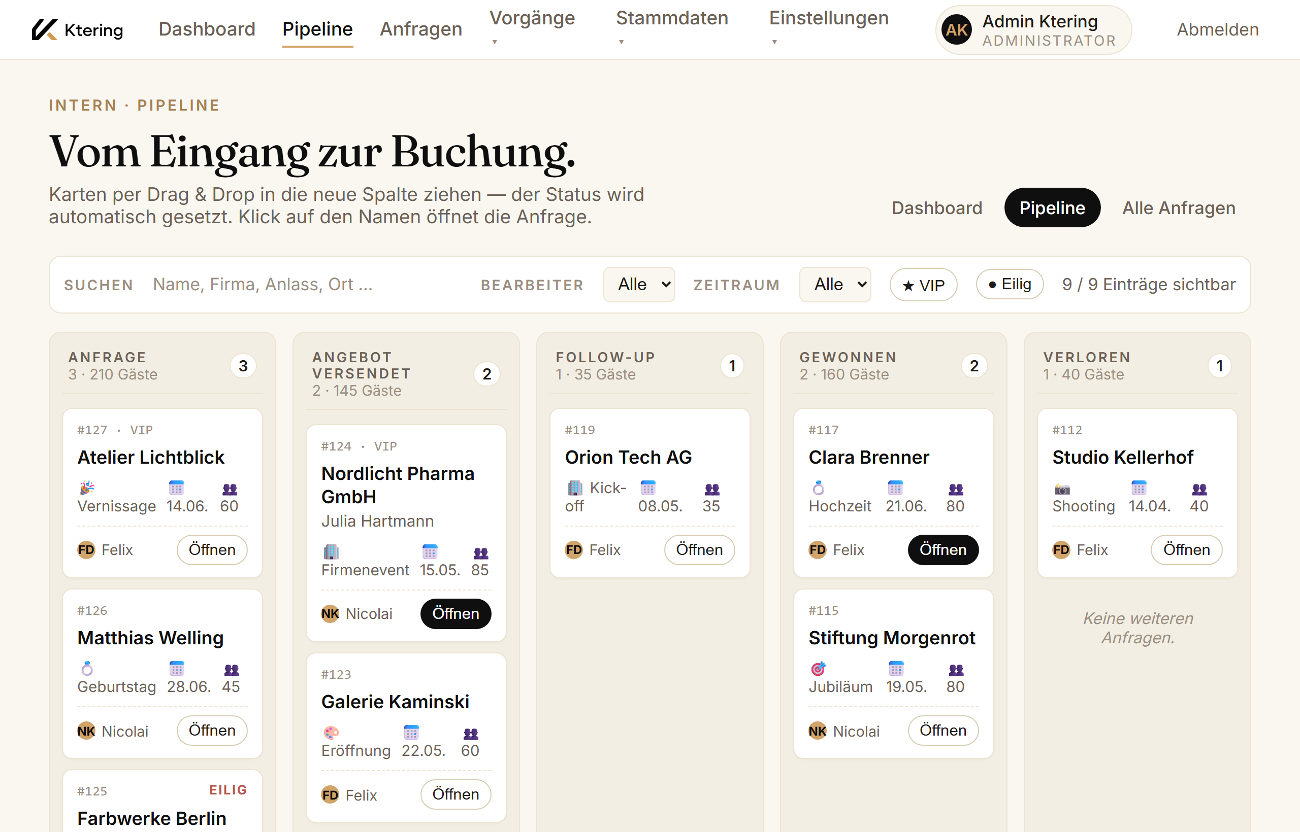 Ktering Catering-Software Pipeline — Anfragen als Kanban-Board
