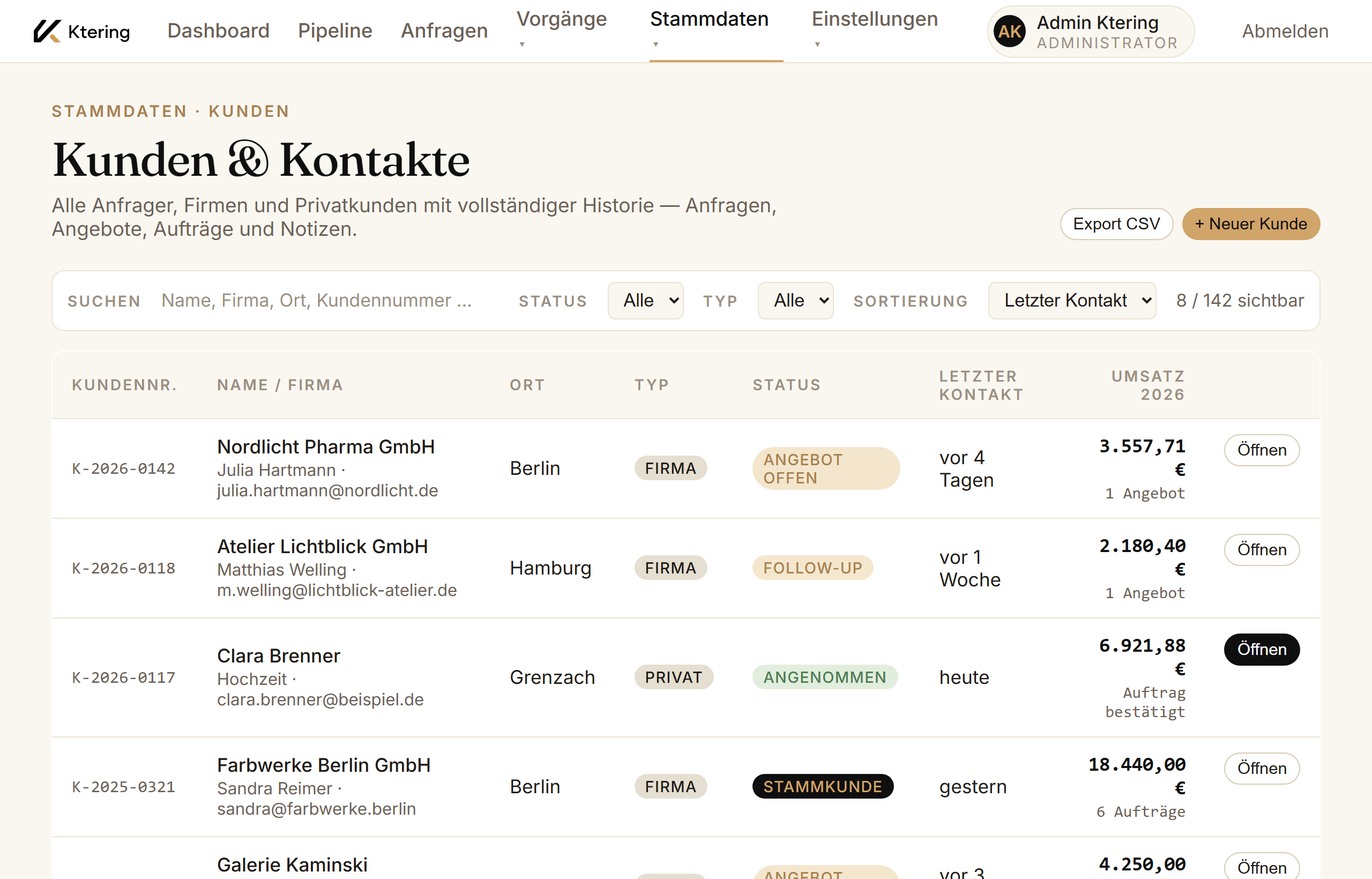 Kundenakte der Catering-Software mit Historie, Notizen und Allergien