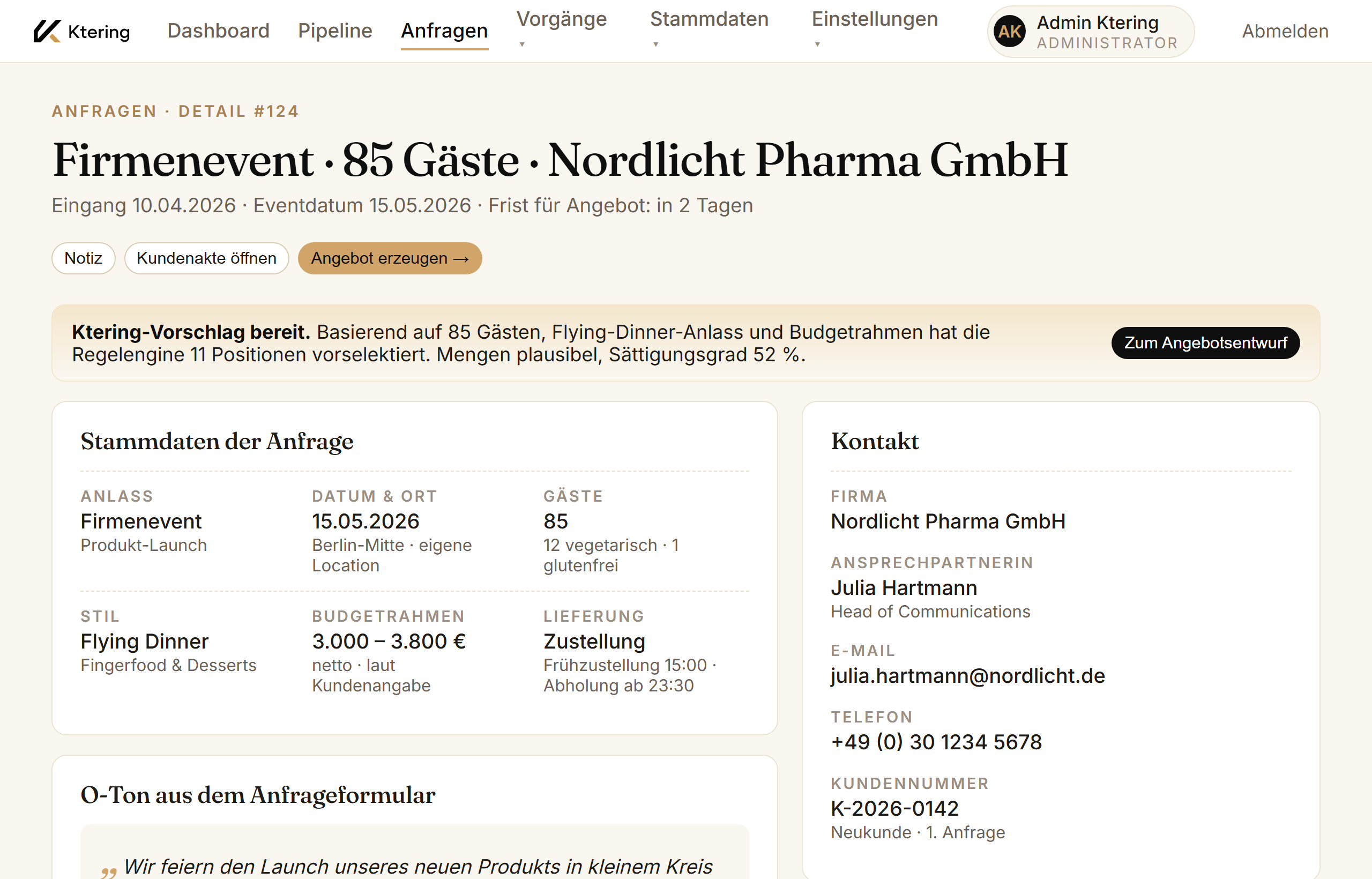 Catering-Anfrage mit automatischem Artikel- und Mengenvorschlag