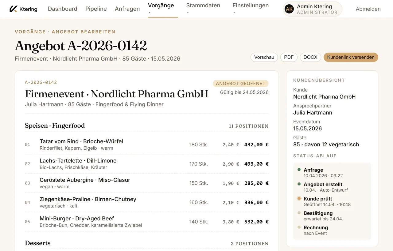 Catering-Angebote schreiben im Ktering-Editor — Mengen, MwSt-Logik und Versionierung